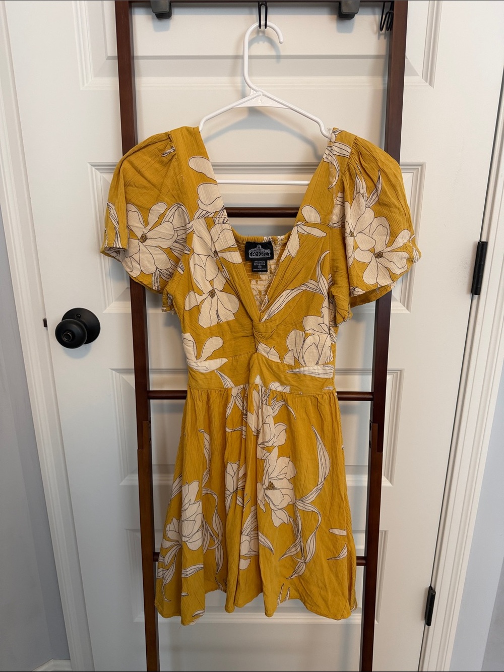 Angie Mustard Yellow Floral V-Neck Tunic Dress